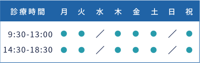 診療時間、月火木金土祝9:30から13:00、14:30から18:30、水曜日日曜日休診